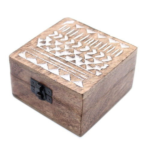 White Washed Wooden Box -  Aztec Design