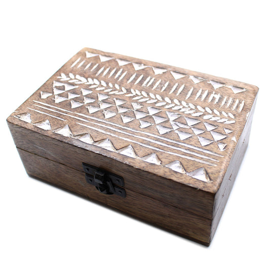 White Washed Wooden Box -  Aztec Design